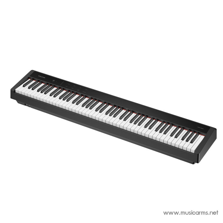 Long digital piano keyboard with a black casing and white-and-black keys viewed at an angle ขายราคาพิเศษ