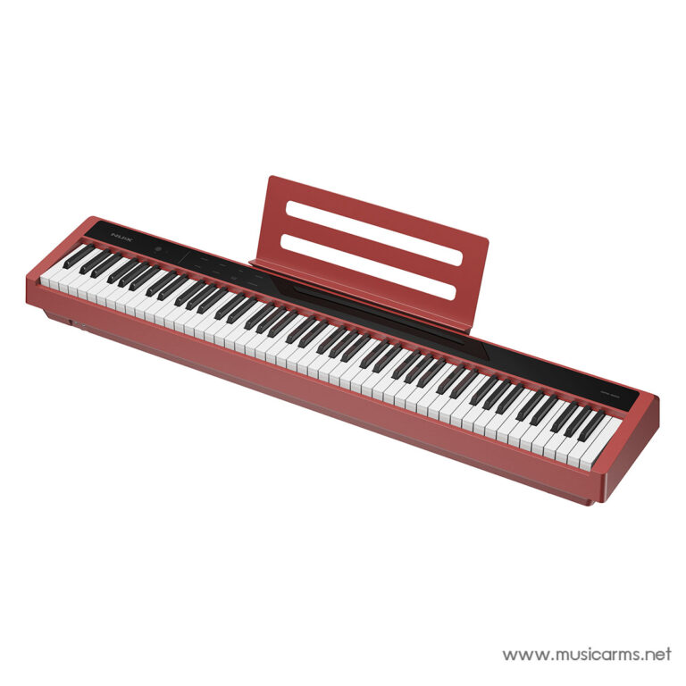 Red digital piano keyboard with 88 keys and matching red music stand, shown at an angle with brand area on the left edge ขายราคาพิเศษ