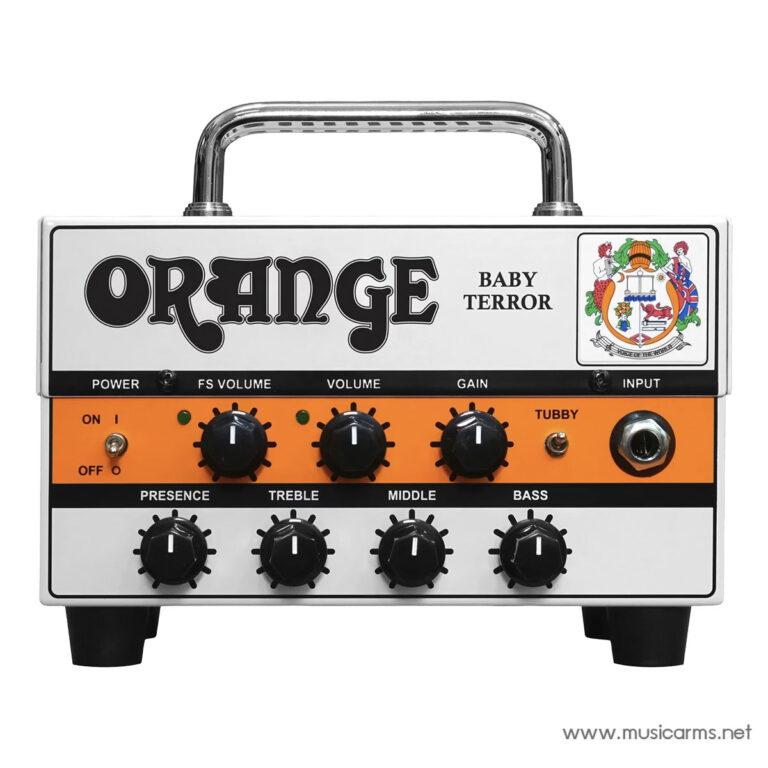 Orange Baby Terror guitar amp pedal with orange section and multiple black knobs labeled Presence, Treble, Middle, Bass, and power switch on the left/right. ขายราคาพิเศษ