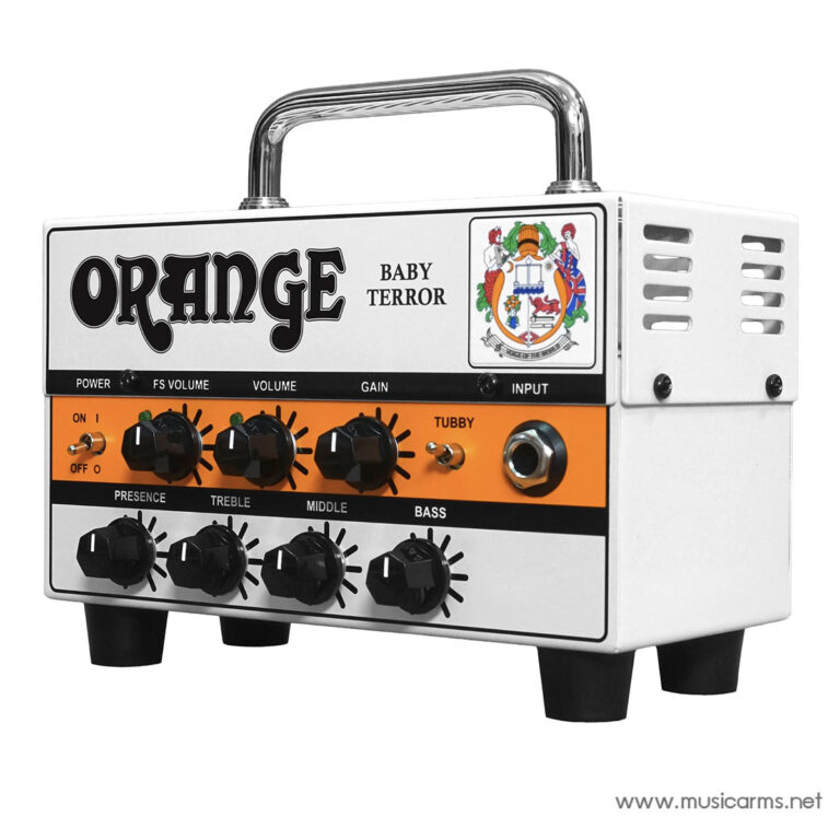 Orange Baby Terror guitar amplifier head with a chrome handle and orange control panel with black knobs and input jack on the side. ขายราคาพิเศษ