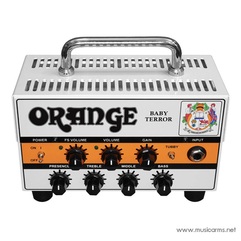 Orange Baby Terror guitar amplifier head with a chrome handle and orange control panel featuring volume, gain, treble, middle, and bass knobs. ขายราคาพิเศษ