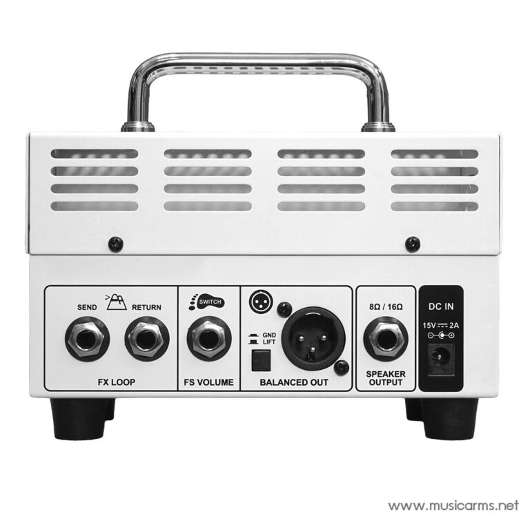 Back-panel view of a compact guitar amplifier head showing FX LOOP (Send/Return), FS Volume, Balanced Out, Speaker Output, and DC In, with a metal vented case and carrying handle. ขายราคาพิเศษ
