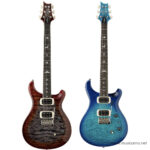 Two electric guitars with quilted tops (left red-burst, right blue), bird inlays on the fretboards and dual humbucker pickups with tremolo bridges. ลดราคาพิเศษ