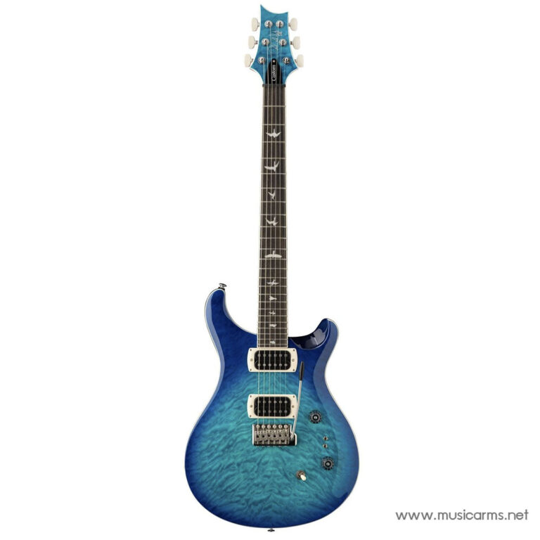 Blue electric guitar with a quilted turquoise finish, dual humbucker pickups and a tremolo bridge on a white background. ขายราคาพิเศษ