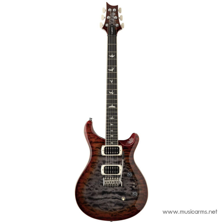 Red quilted maple electric guitar with dual humbucker pickups and bird inlays on a dark fretboard, against a white background. ขายราคาพิเศษ