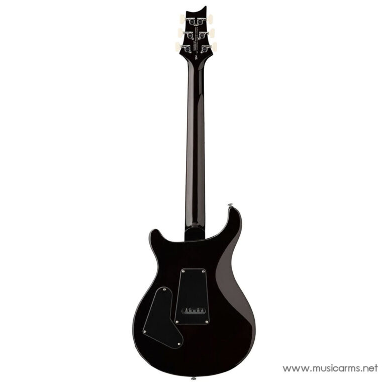 Rear view of a glossy black electric guitar, showing the back of the neck and the two body cavity covers on the back. ขายราคาพิเศษ