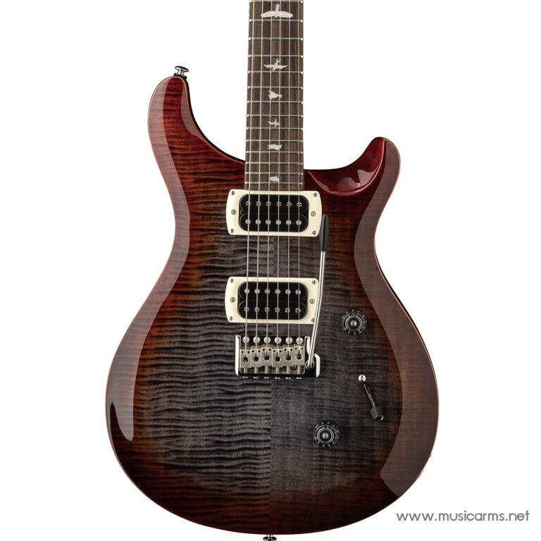 Electric guitar with a dark red to black sunburst flame maple top, two humbucker pickups, and a tremolo bridge on a solid body. ขายราคาพิเศษ