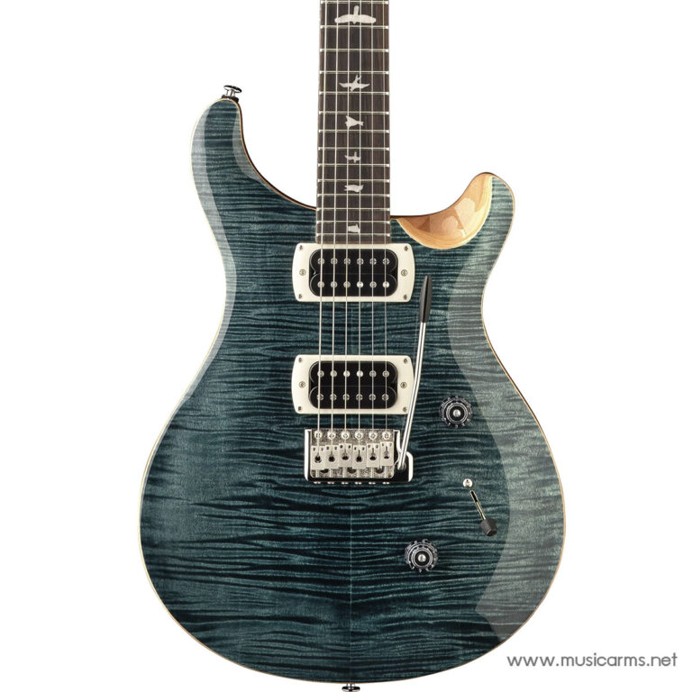 Teal flame-maple solid-body electric guitar with two cream humbucker pickups, a tremolo bridge, and bird inlays on the fretboard against a white background. ขายราคาพิเศษ