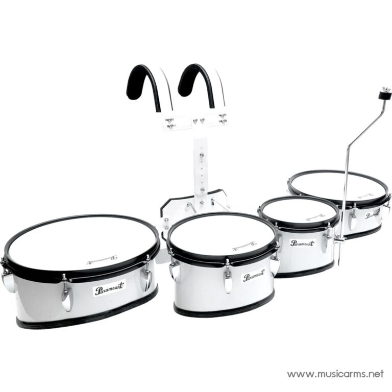 White four-piece drum set with a rack and a pair of curved drum pads on a stand, labeled Paramount, with drumsticks on the right side edge of the image ขายราคาพิเศษ