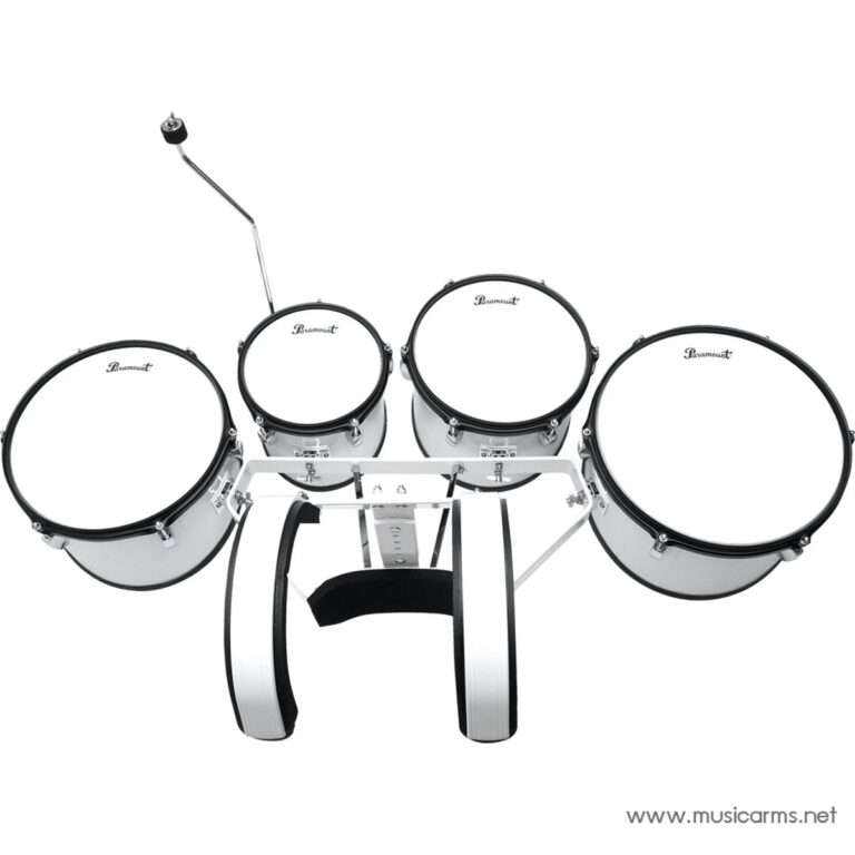 White electronic drum kit with five round pads mounted on a metal frame, viewed from above in a studio settinge ขายราคาพิเศษ