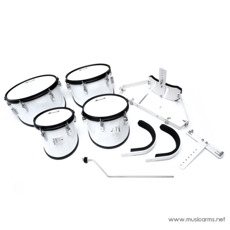 White drum kit components laid out on a white surface, including shell drums, hardware, and mounting arms. ขายราคาพิเศษ