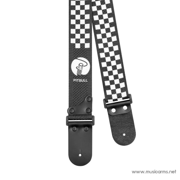 Black guitar strap with a black-and-white checkerboard pattern and the Pitbull logo near the end cap. ขายราคาพิเศษ
