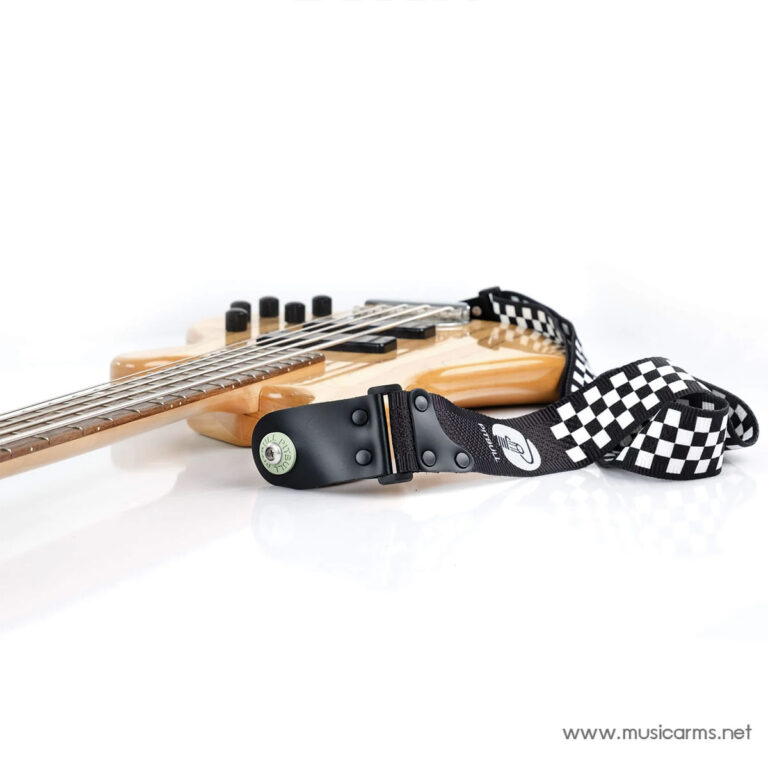 Electric bass guitar with a black-and-white checkered strap on a white studio background. ขายราคาพิเศษ