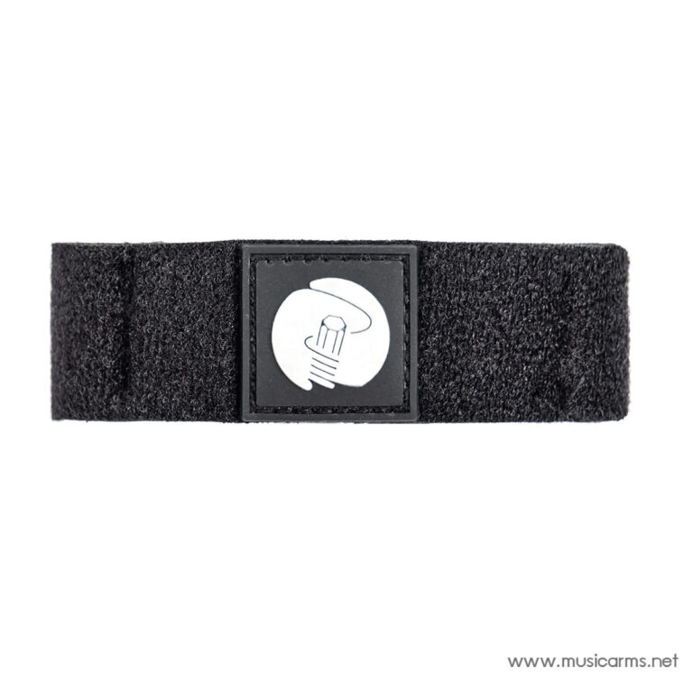 Black guitar strap with Velcro ends and a square central buckle bearing a white logo. ขายราคาพิเศษ