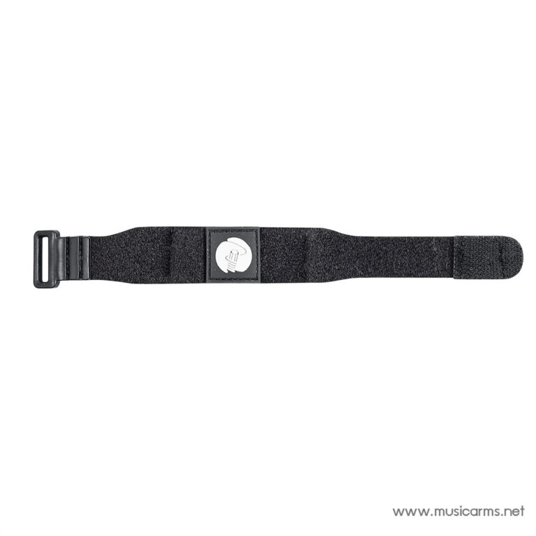 Black adjustable guitar strap with plastic buckle and Velcro end, centered square logo patch. ขายราคาพิเศษ