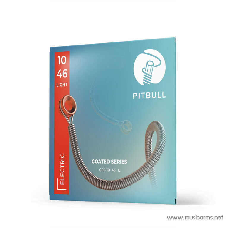 Box packaging for Pitbull Coated Series electric guitar strings, turquoise gradient with red left strip and coiled string image, showing 'PITBULL' and 'COATED SERIES'. ขายราคาพิเศษ