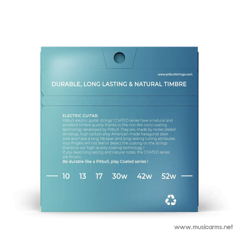 Back of Pitbull electric guitar strings packaging in blue gradient; includes product description and gauge sizes 10, 13, 17, 30w, 42w, 52w ขายราคาพิเศษ