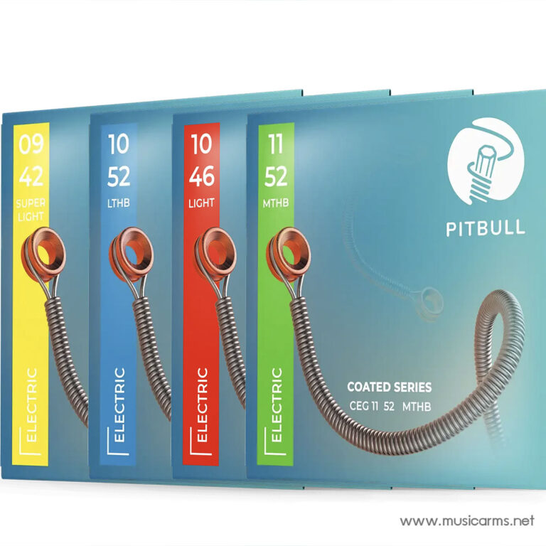 Coated guitar string set packaging from Pitbull with four color-coded bars (yellow, blue, red, green) and a coiled string shown; text includes 'COATED SERIES' and 'PITBULL' near the logo. ขายราคาพิเศษ