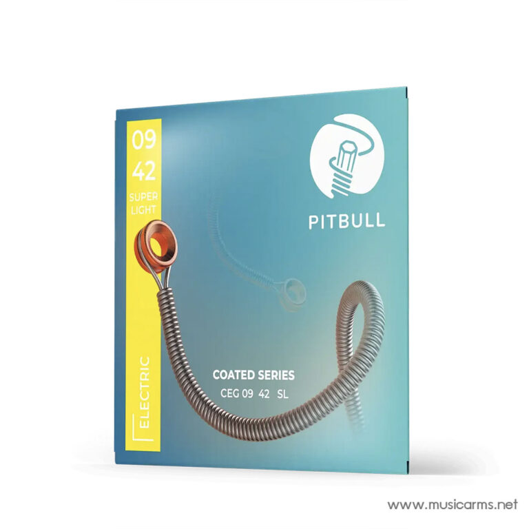 Pitbull electric coated guitar strings package, teal box with yellow 09-42 label and coiled string image ขายราคาพิเศษ