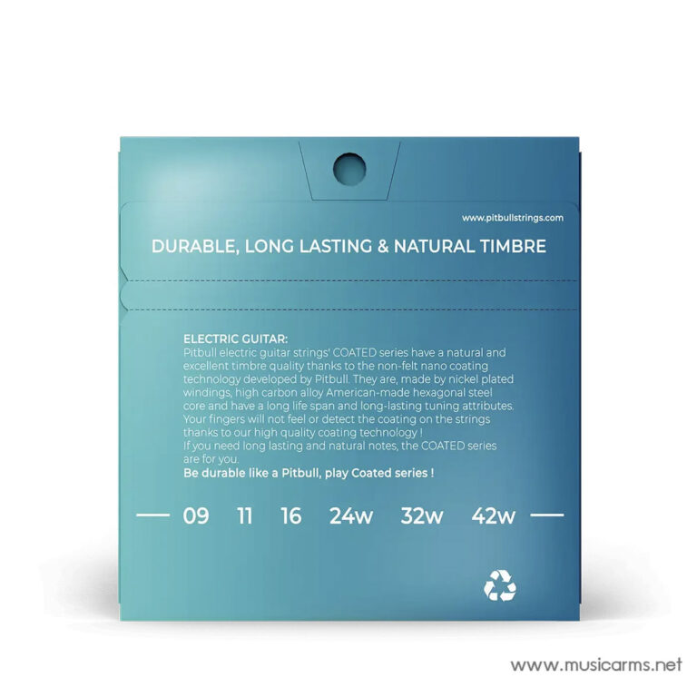 Blue gradient back of Pitbull guitar strings packaging, showing product claims and gauge sizes 09 11 16 24w 32w 42w. ขายราคาพิเศษ