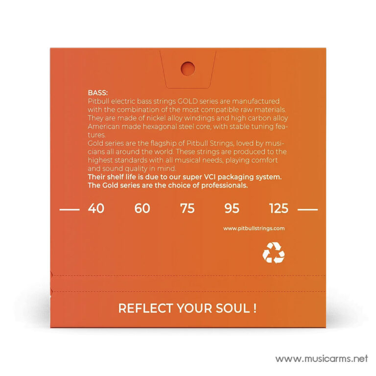 Orange Pitbull bass strings packaging info, with sizes 40, 60, 75, 95, 125 and 'Reflect Your Soul' slogan. ขายราคาพิเศษ