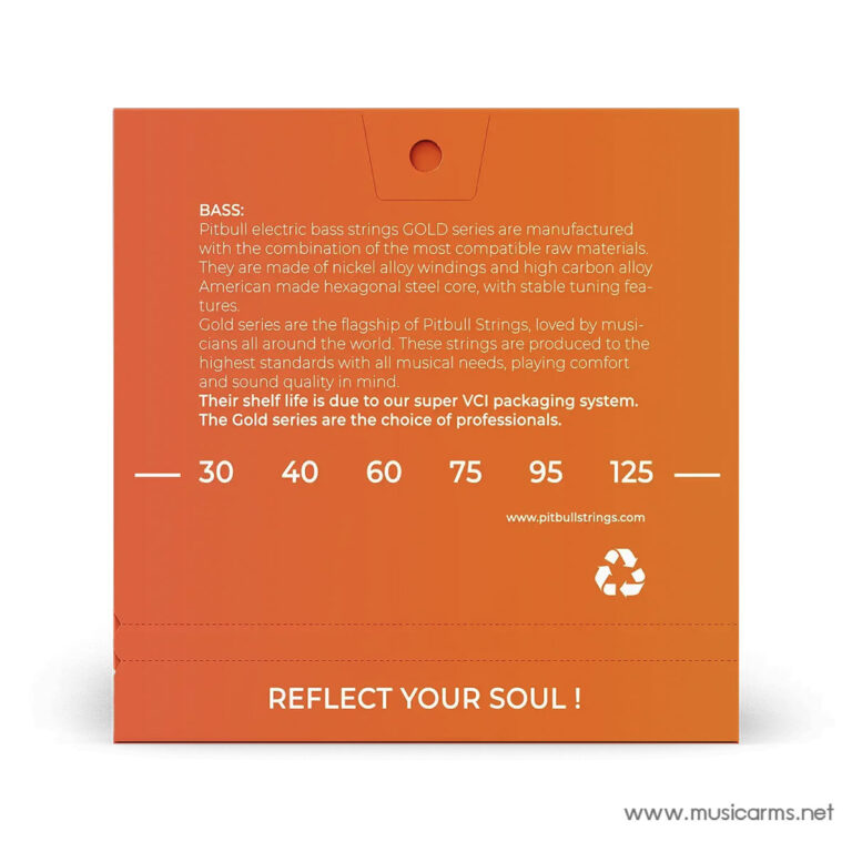 Orange Pitbull strings packaging back panel showing gauge options 30, 40, 60, 75, 95, 125 and the slogan 'REFLECT YOUR SOUL'. ขายราคาพิเศษ