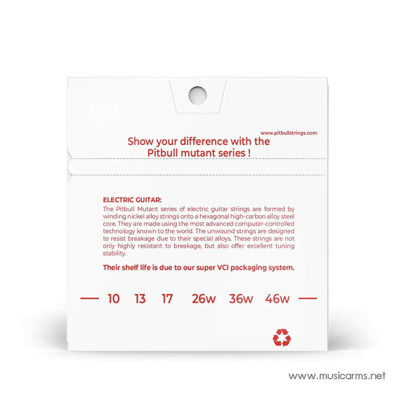 Pitbull Mutant electric guitar string packaging with red text and chart of string gauges (10, 13, 17, 26w, 36w, 46w) and recycling symbol on white box ขายราคาพิเศษ