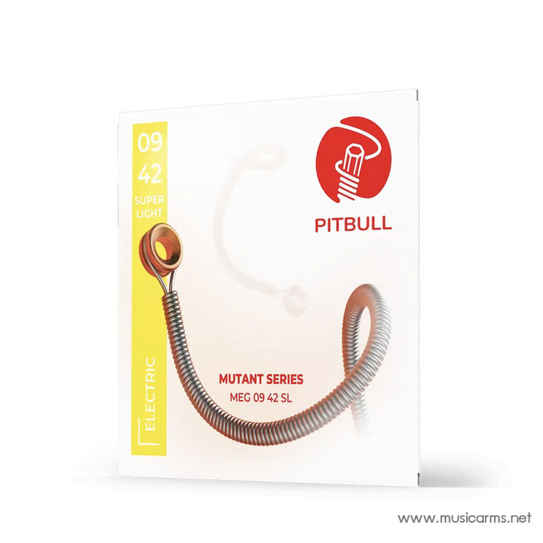 Product packaging for Pitbull Mutant Series MEG 09 42 SL electric strings, with a coiled cord graphic and a yellow vertical label reading ‘09 42 Super Light’ ขายราคาพิเศษ