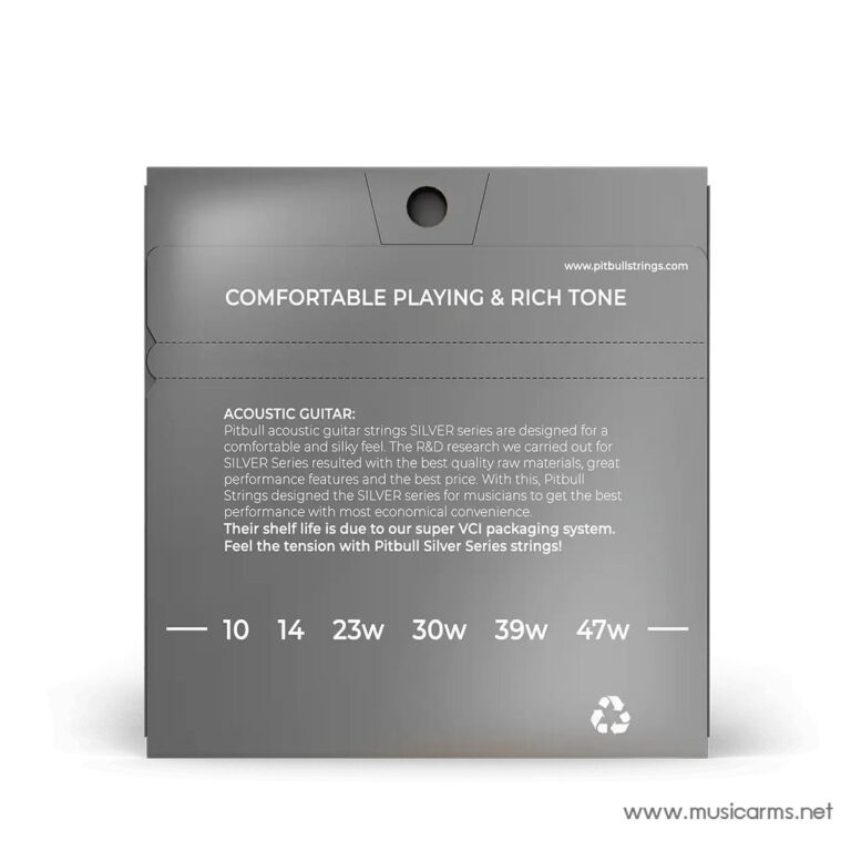 Grey Pitbull strings packaging for acoustic guitar, featuring the slogan 'COMFORTABLE PLAYING & RICH TONE' and product details on a metallic gray background. ขายราคาพิเศษ