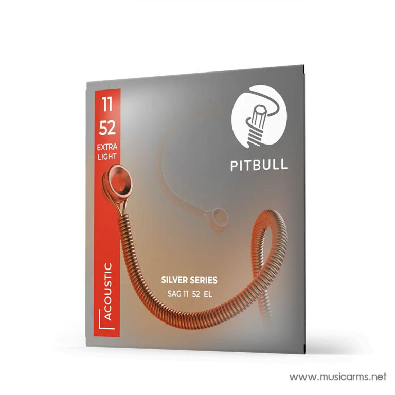 Pitbull Silver Series acoustic guitar strings packaging with red left stripe and coiled string artwork (SAG11-52 EL). ขายราคาพิเศษ