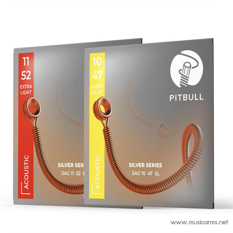 Two overlapping Pitbull Silver Series acoustic guitar string boxes, red and yellow color accents, showing coil strings and logo. ขายราคาพิเศษ
