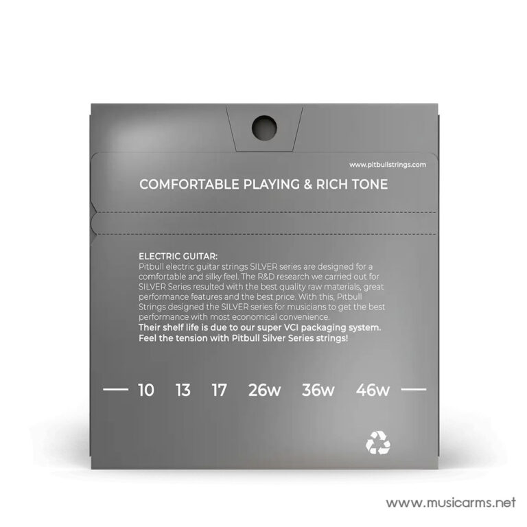 Guitar string package with the slogan 'Comfortable playing & rich tone' and gauge options 10, 13, 17, 26w, 36w, 46w on a gray box. ขายราคาพิเศษ