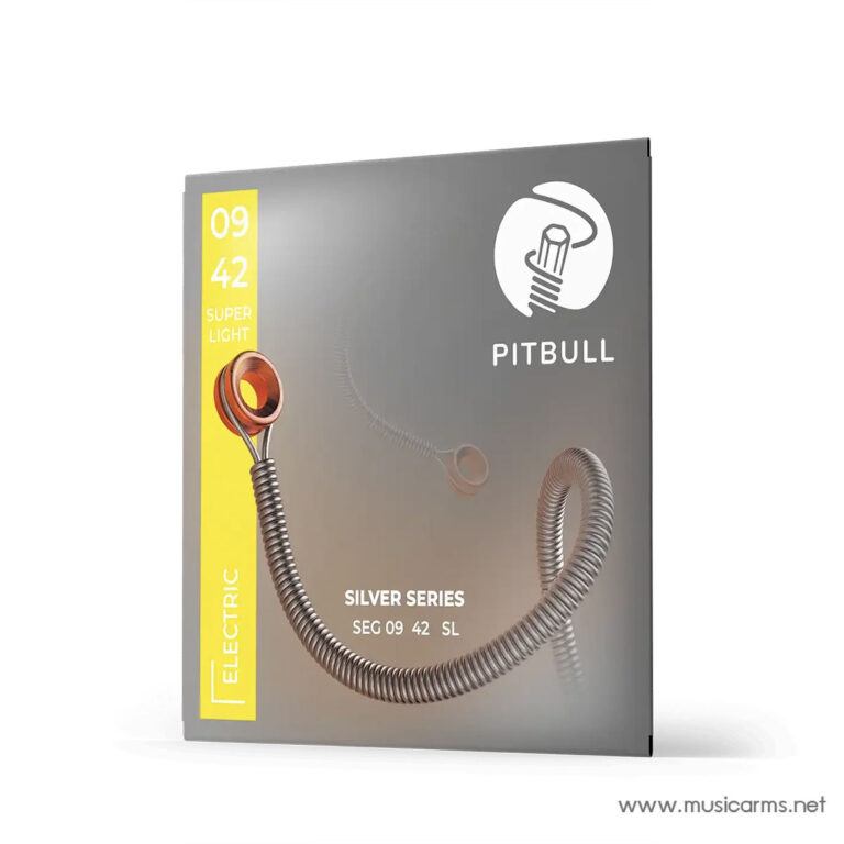 Box of Pitbull Electric guitar strings, Silver Series, gauges 09-42, with coiled string image and yellow label on left ขายราคาพิเศษ