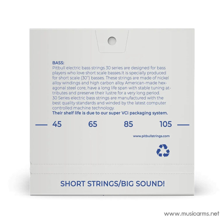 Back of packaging for Pitbull bass strings, with product description, gauge numbers (45, 65, 85, 105), recycle symbol, and slogan 'SHORT STRINGS/BIG SOUND!' ขายราคาพิเศษ