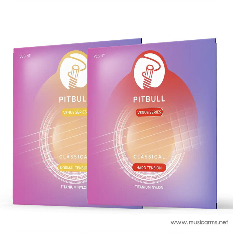 Two Pitbull Venus Series classical guitar string boxes with pink‑purple gradient and 'Hard Tension' label on the front. ขายราคาพิเศษ