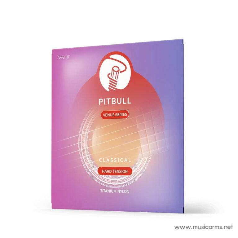 Box of Pitbull Venus Series classical guitar strings, hard tension, titanium nylon, with a pink-to-purple gradient design along the side. ขายราคาพิเศษ