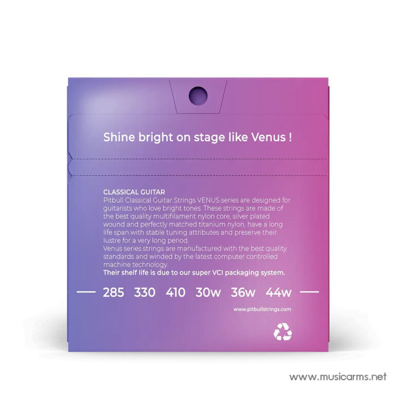 Gradient purple-to-pink guitar strings packaging with slogan 'Shine bright on stage like Venus!' and product specs on the back panel ขายราคาพิเศษ