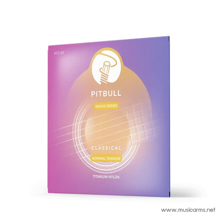 Product packaging for Pitbull Venus Series classical guitar strings, titanium nylon, with 'Normal Tension' branding on a pink-to-purple gradient box ขายราคาพิเศษ