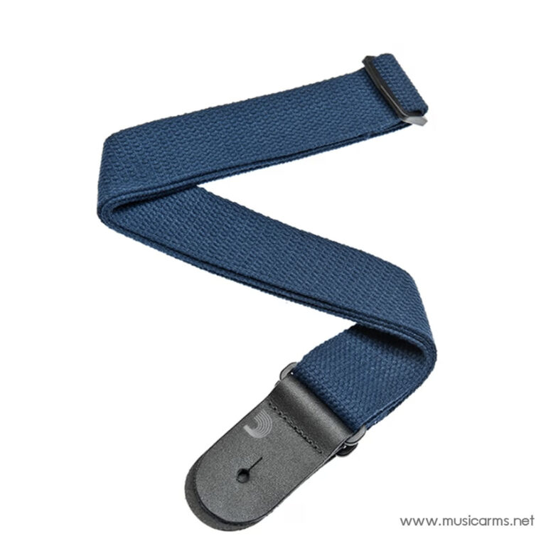Blue woven guitar strap with leather end piece and metal hardware, designed to attach to a guitar's strap pegs (adjustable length). ขายราคาพิเศษ