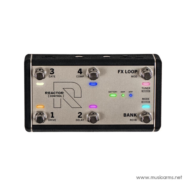 Multi-effect guitar pedal with four footswitches (Drive, Delay, Gate, Comp), FX Loop, Bank, and glowing LEDs on a metallic panel. ขายราคาพิเศษ