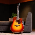 Sunburst acoustic guitar resting upright against a gray sofa in a dim living room setting. ขายราคาพิเศษ