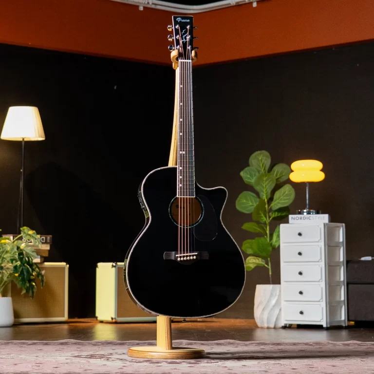 Black acoustic guitar on a wooden stand in a cozy studio with a lamp, plants, and white drawers in the background. ขายราคาพิเศษ