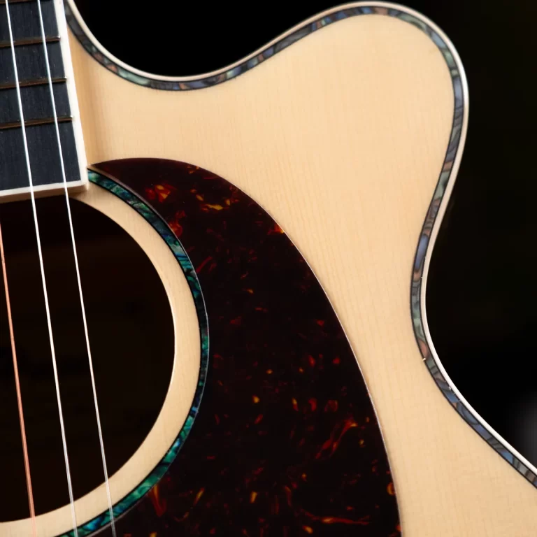 Close-up of an acoustic guitar's body showing a light wood top, black soundhole, tortoiseshell pickguard, and decorative inlays along the edges. ขายราคาพิเศษ