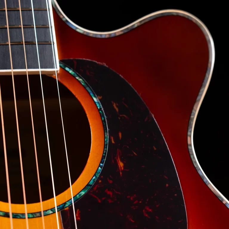 Close-up of an acoustic guitar body showing strings, soundhole, and tortoiseshell pickguard with a teal rim against a black background ขายราคาพิเศษ