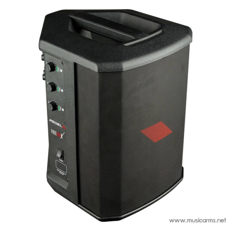 Portable black loudspeaker with a side control panel (knobs) and a front grille, featuring a red diamond logo on the grille. ขายราคาพิเศษ