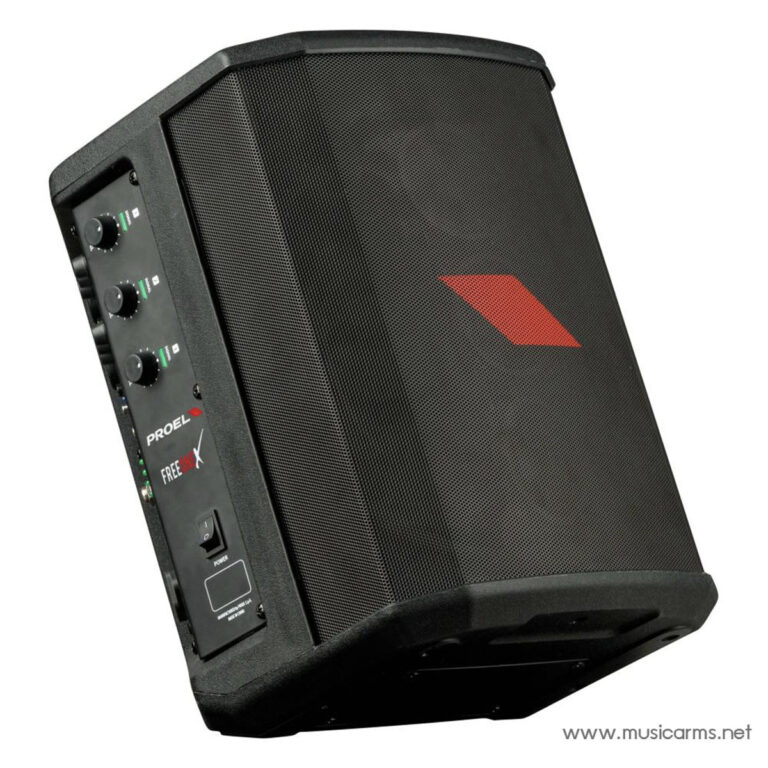 Portable PA speaker with black metal grille and red diamond logo on the front, angled for projection. ขายราคาพิเศษ