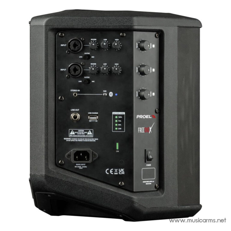 Rear panel of a powered PA speaker showing input jacks, level knobs, and Bluetooth pairing indicators; includes USB charging port, battery level LEDs, and power switch. ขายราคาพิเศษ