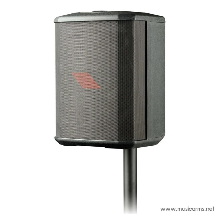 PA speaker mounted on a vertical stand with a metal mesh grille and a small red diamond logo on the front ขายราคาพิเศษ