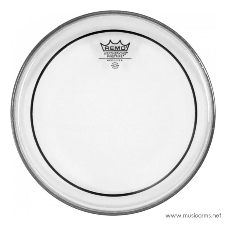 White Remo Weatherking Pinstripe drum head with black concentric rings, viewed head-on from above, showing logo at top edge. ขายราคาพิเศษ