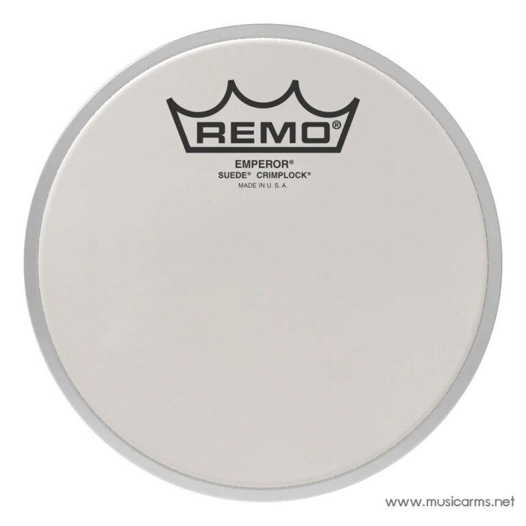Round Remo Emperor drumhead with crown logo and small text, showing 'Emperor', 'Suede Crimplock' and 'Made in U.S.A.' on a light beige surface. ขายราคาพิเศษ